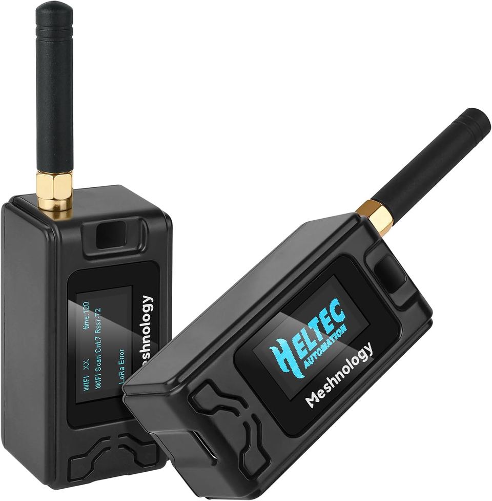 A small handheld mesh radio node on a table